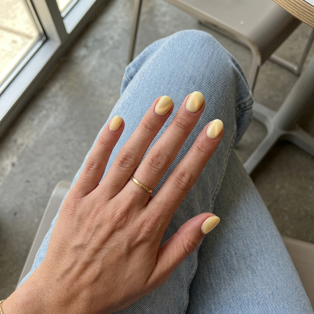 Pale Yellow Cat-Eye Nails 2026: Whimsical Date Night Pale yellow cat-eye dream short round summer nails 2026. Whimsical, ethereal, playful date night look with gold shift.