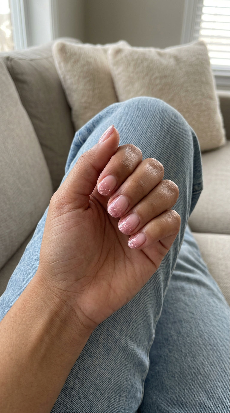 Sparkling Pink Glitter Gradient Nails 2026 Short round summer nails 2026: Sparkling pink glitter gradient for party or date night. Glamorous and festive.