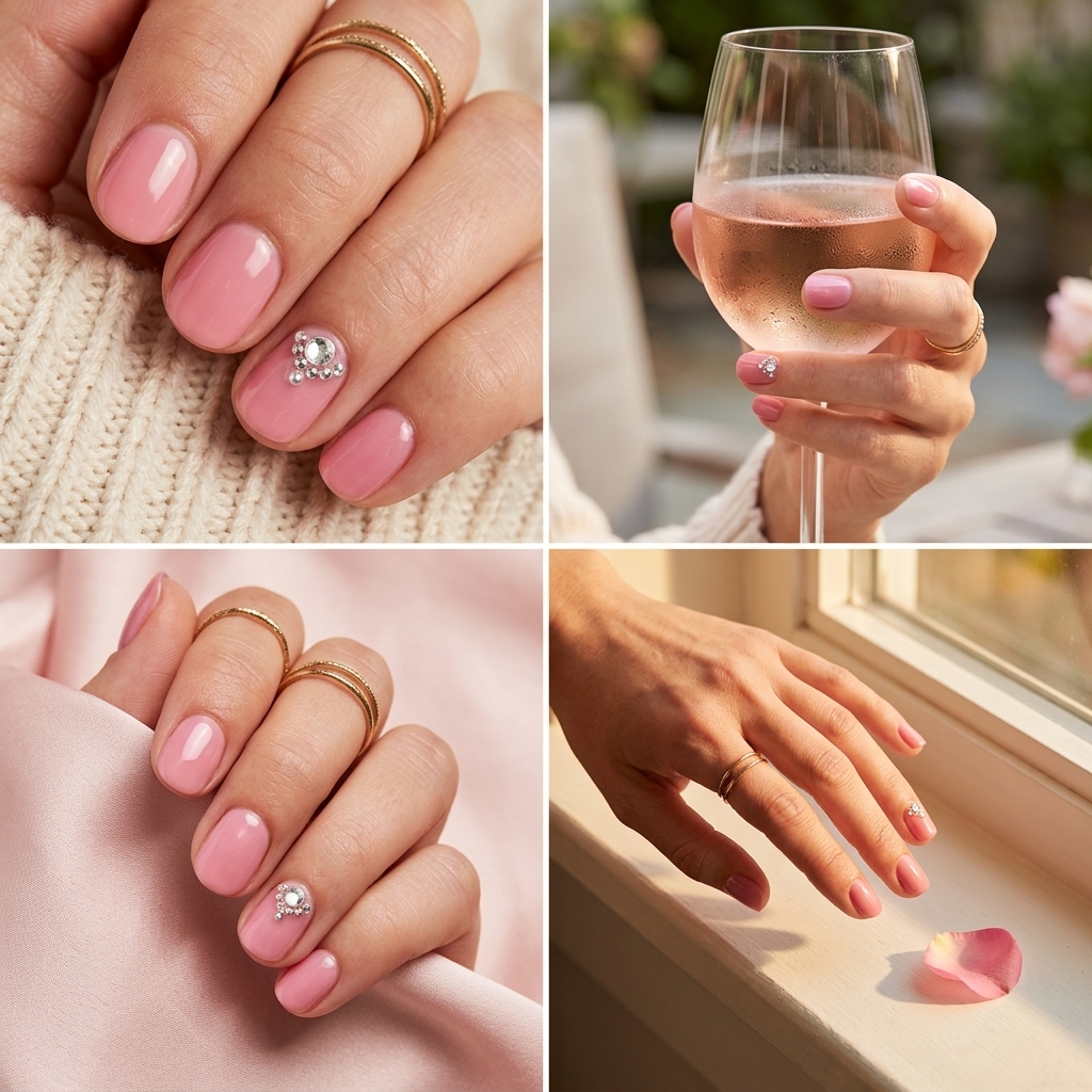 Pink Nude Rhinestone Nails 2026 Short round summer nails 2026: Glamorous pink nude with rhinestone sparkle for weddings or formal events.