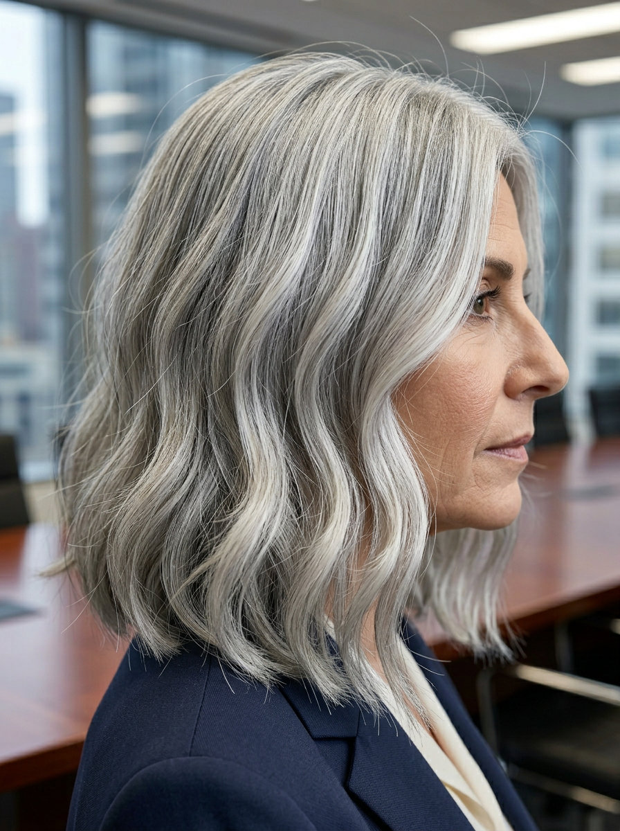 Collarbone-length lob with icy silver platinum balayage, A-line cut — chic for professional meetings