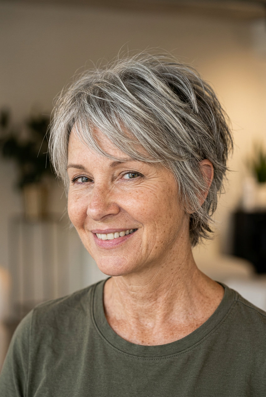 short pixie-shag haircut with natural silver-grey, cool babylights, wispy fringe — playful travel