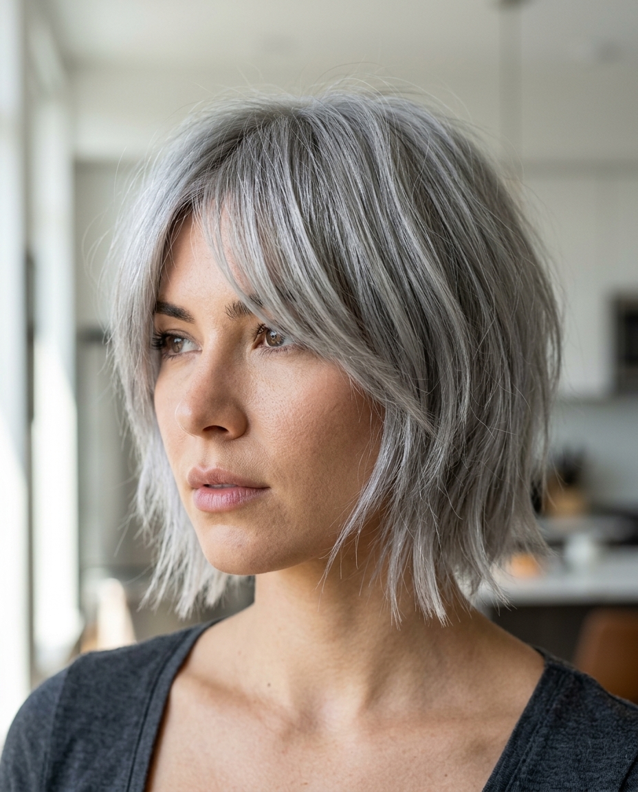 Silver Fox Shaggy Bob Wolf 2026 short shaggy wolf bob in silver grey with charcoal lowlights, razored layers, and wispy fringe for edgy looks