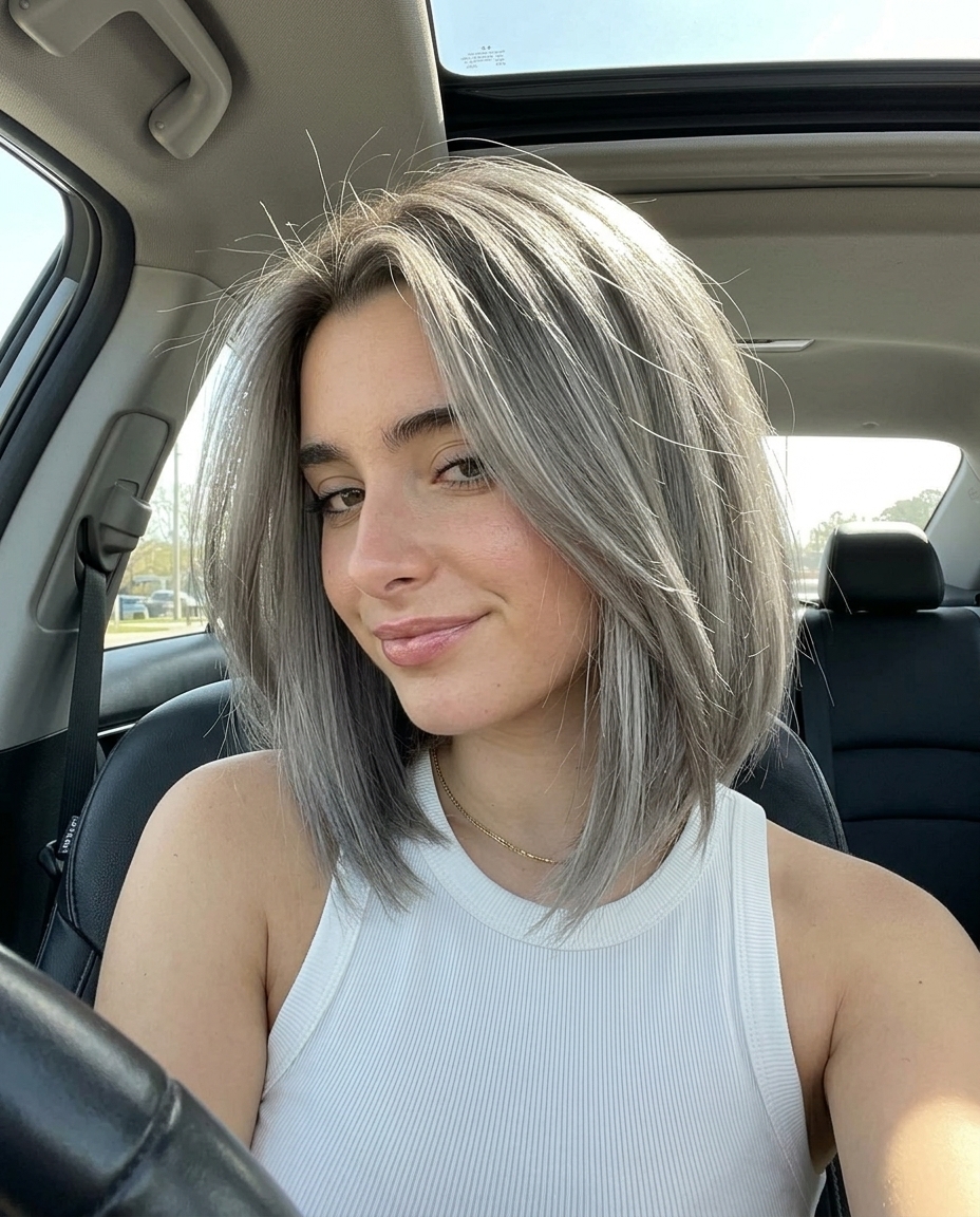 medium silver-mushroom ashy mushroom brown A-line haircut with disconnected layers for a bold look