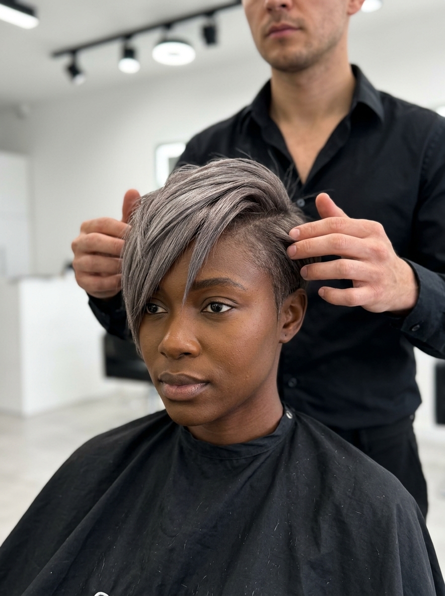 short asymmetrical mushroom pixie haircut with sharp point-cutting and tapered nape