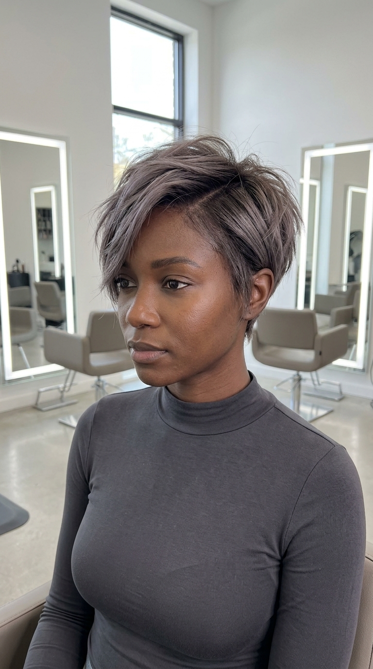 short silver-mushroom pixie haircut with razored layers and deep side part for edgy look