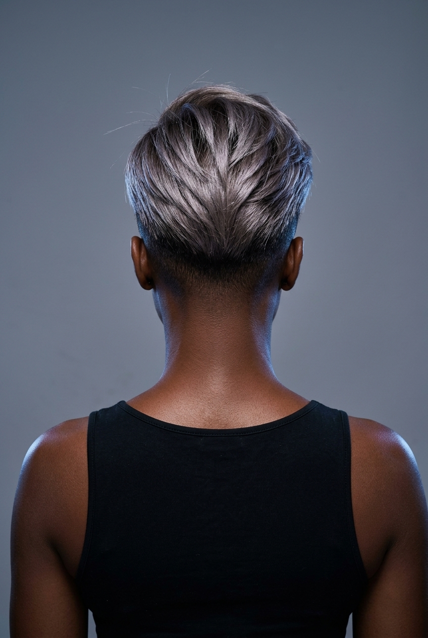 very short ashy mushroom brown pixie haircut with sculpted layers and tapered fade for summer