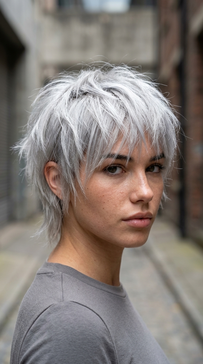 short messy shag haircut with silver platinum, ash root smudge, and choppy fringe for festivals