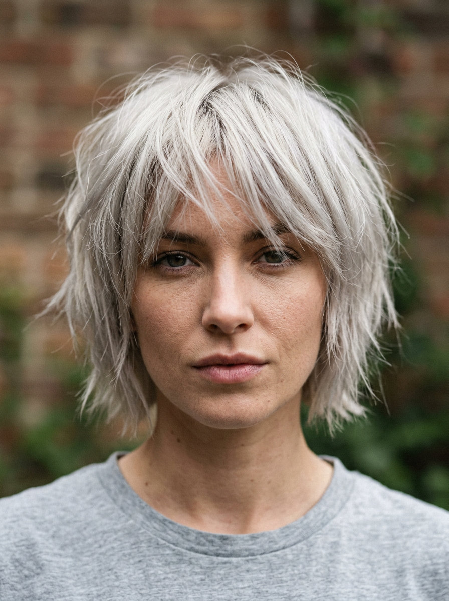 Silver Shaggy Bob 2026 short silver blonde bob with charcoal root, choppy layers, baby bangs — edgy avant-garde