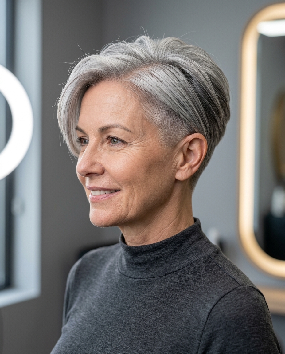 short silver haircut with charcoal lowlights, clipper-fade sides and sweeping fringe for chic look