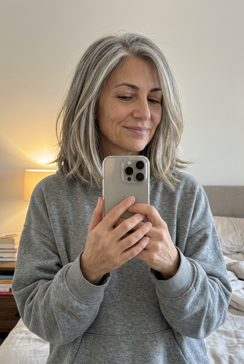 short silver lob haircut with charcoal lowlights, textured layers, face-framing pieces — natural effortless
