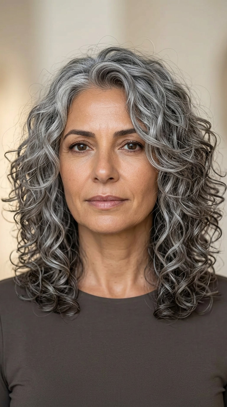 shoulder-length silver curly haircut with charcoal lowlights and face-framing layers for natural look