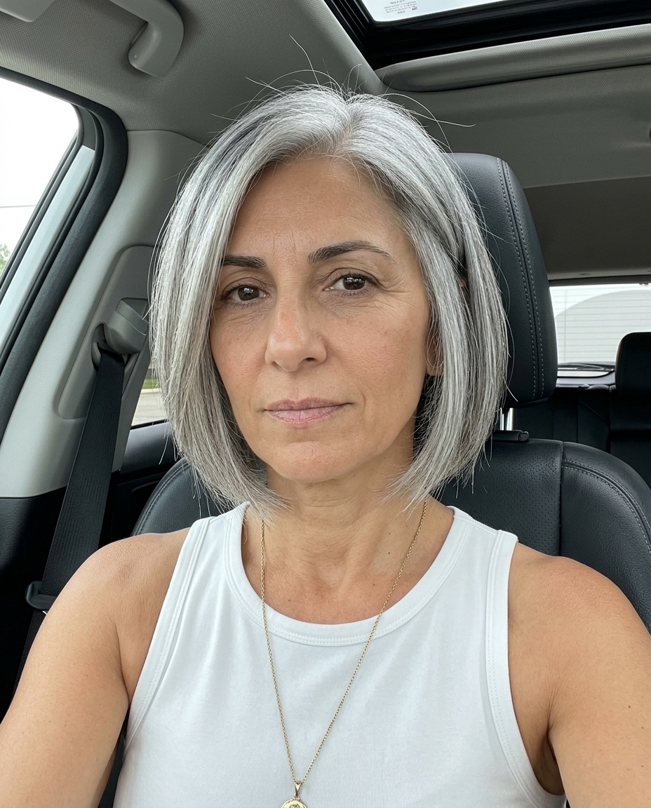 short silver smoke bob haircut with charcoal lowlights, textured perimeter, side part — chic sophisticated