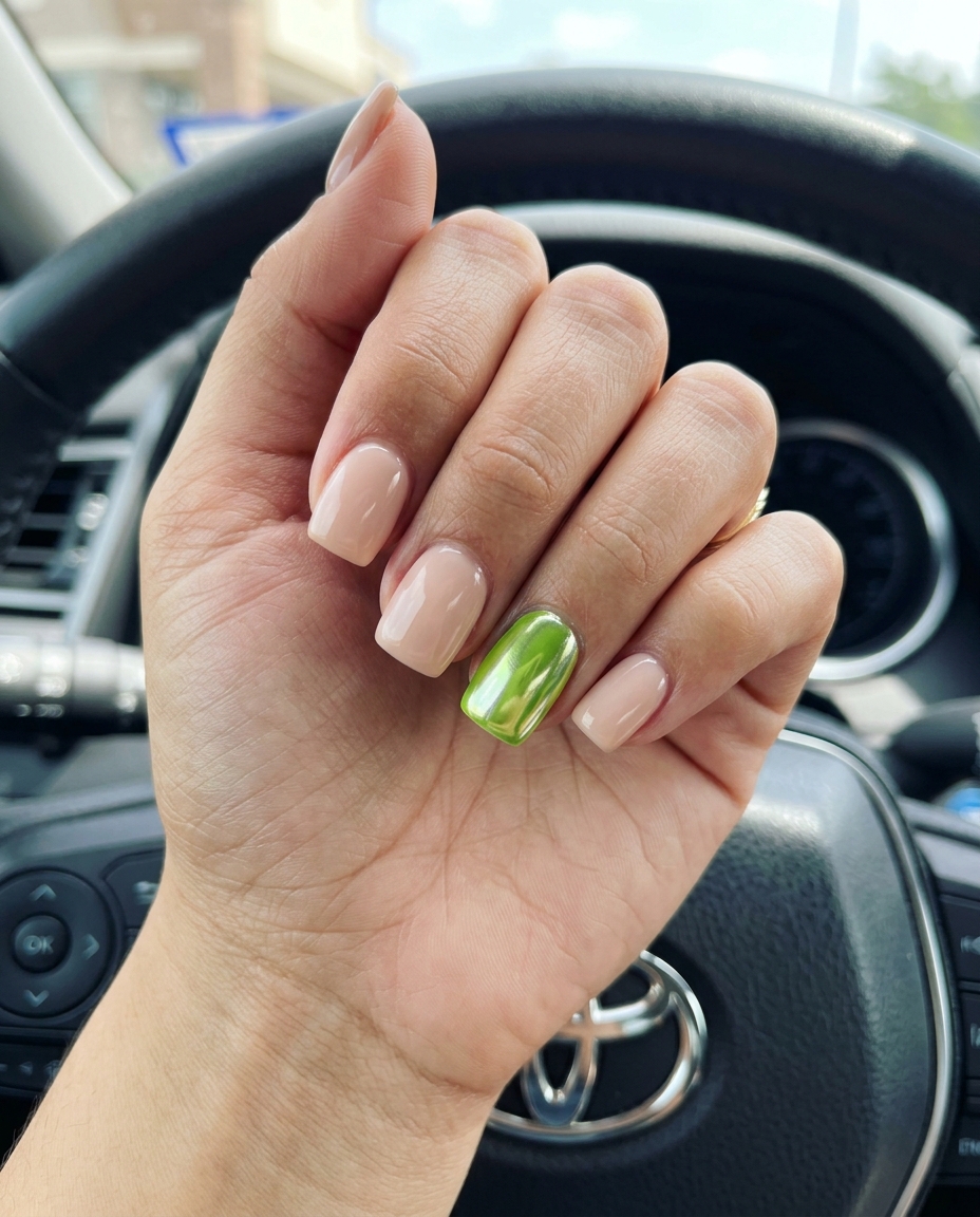 Future Pop Chrome Accents 2026: Edgy Nails Future pop chrome accent nails with lime green chrome for simple summer acrylic nail designs 2026, perfect for parties.