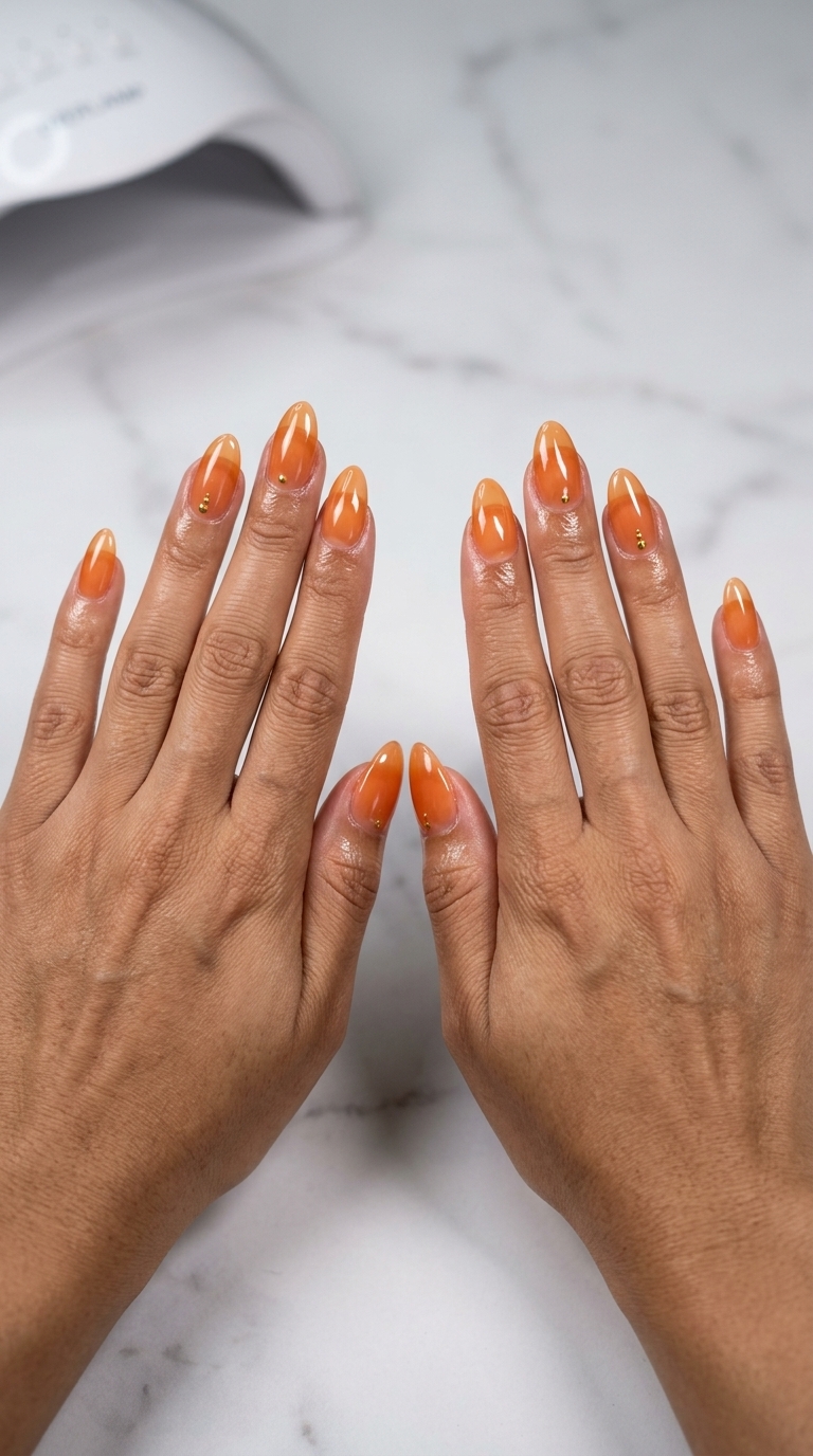 Gilded Peach Jelly Nails 2026: Summer Glam Gilded peach jelly almond nails with gold dots for simple summer acrylic nail designs 2026, perfect for date night.