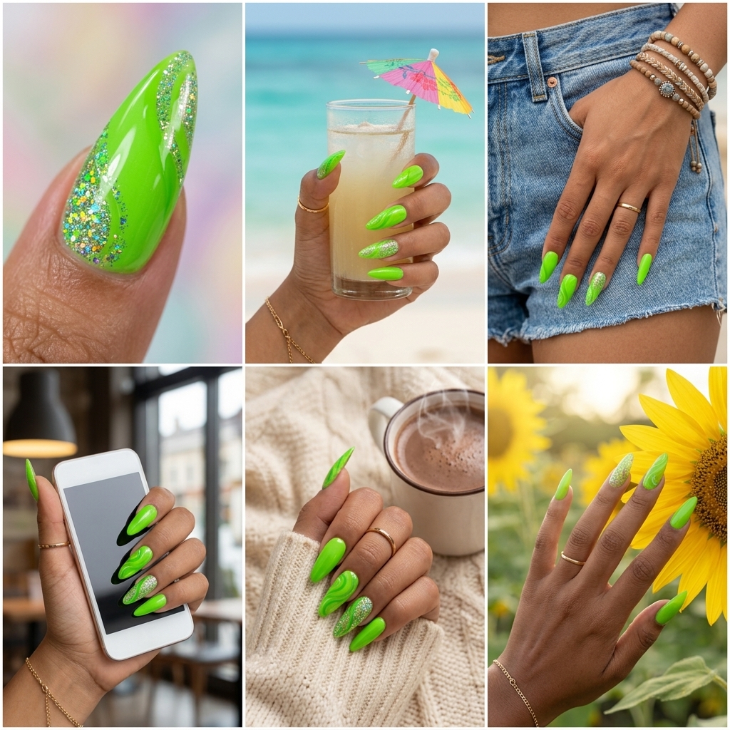 Simple Summer Acrylic Nail Designs 2026: Glitter Lime Green Simple summer acrylic nail designs 2026: Lime Green Glitter Sparkle Soft Coffin for festivals and parties.