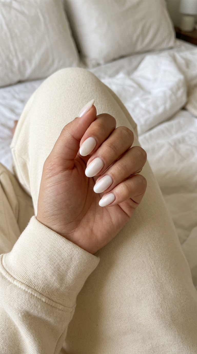 Iridescent Cloud Ovals 2026: Ethereal Nails Iridescent cloud oval nails with a pearlescent sheen for simple summer acrylic nail designs 2026, ideal for work.