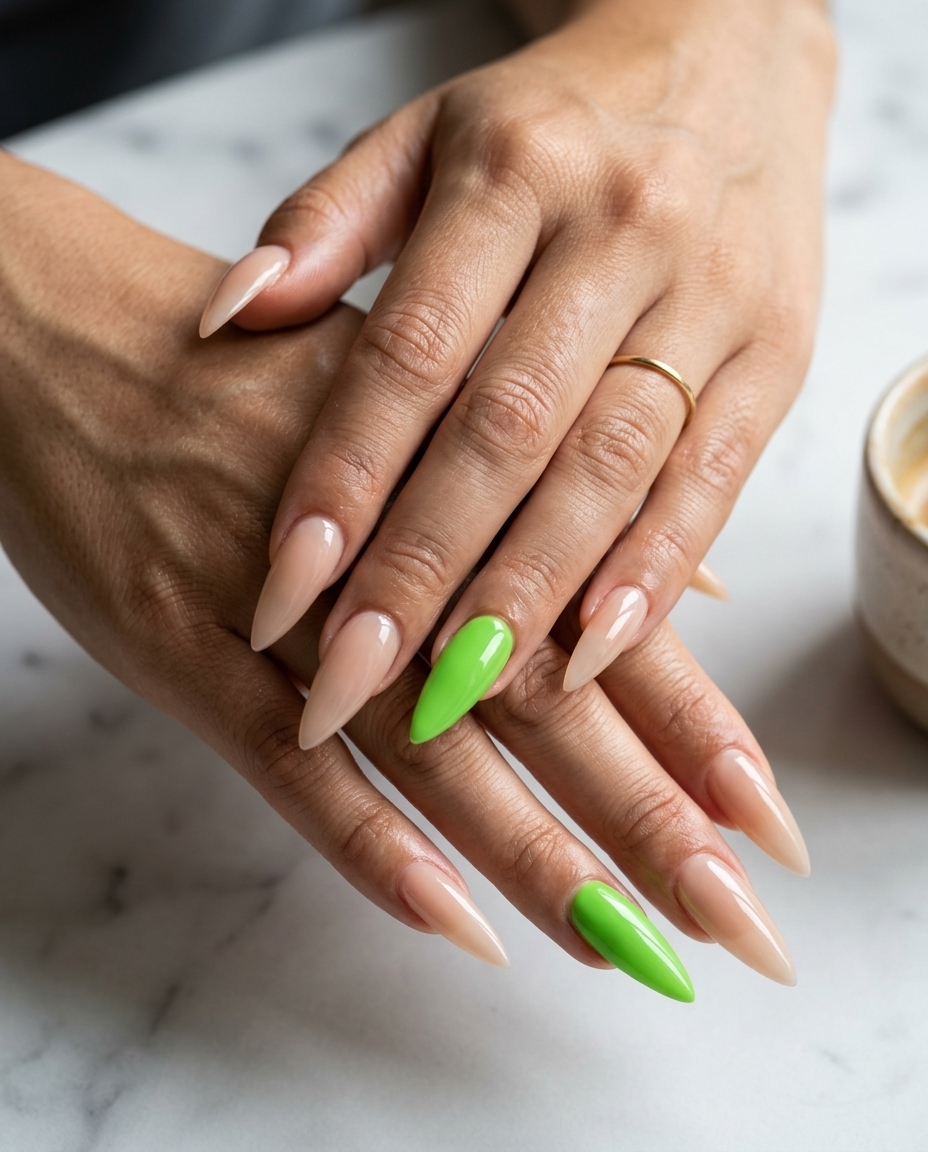 Lime green accent nail stiletto - simple summer acrylic nail designs 2026 for festivals.