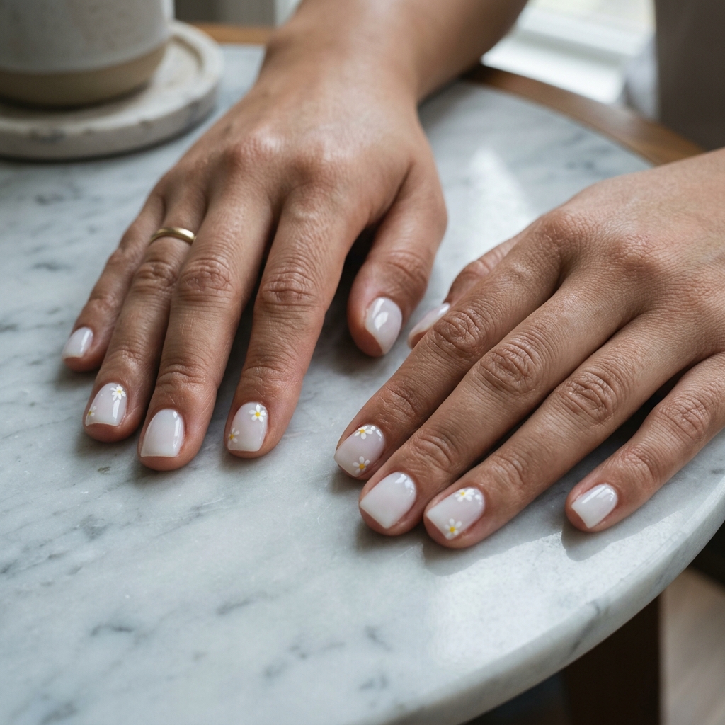 Daisy Chain Dots 2026: Minimalist Nails Minimalist daisy chain dots on short square nails for simple summer acrylic nail designs 2026, great for casual wear.