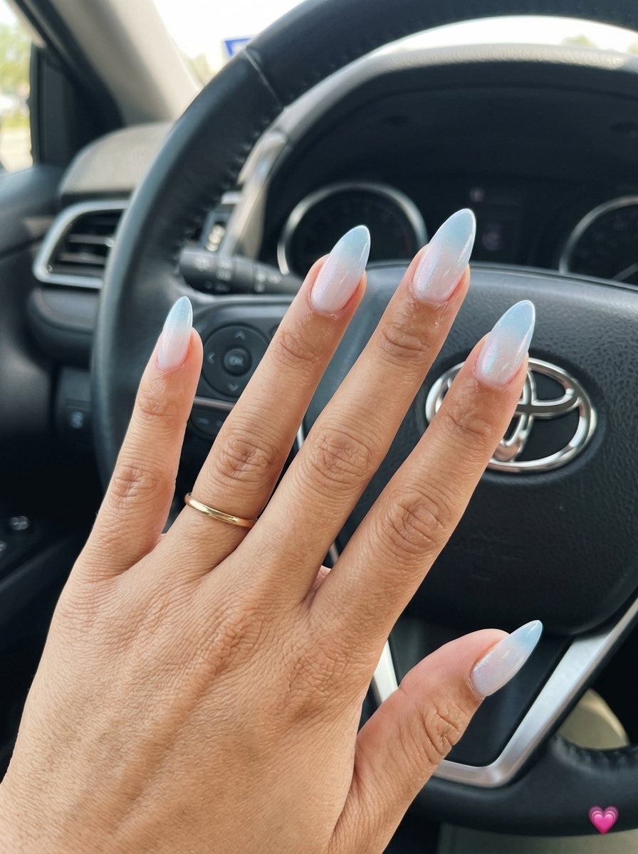 Ocean Breeze Gradient Almond Nails 2026 Ocean breeze gradient almond nails - simple summer acrylic nail designs 2026 for weddings.