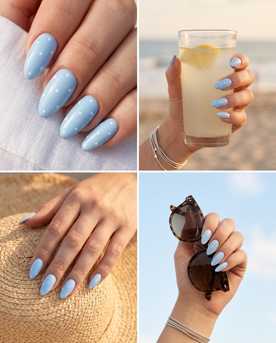 Sky Blue Polka Dot Almond Nails 2026 Sky blue polka dot almond nails - simple summer acrylic nail designs 2026 for picnics.