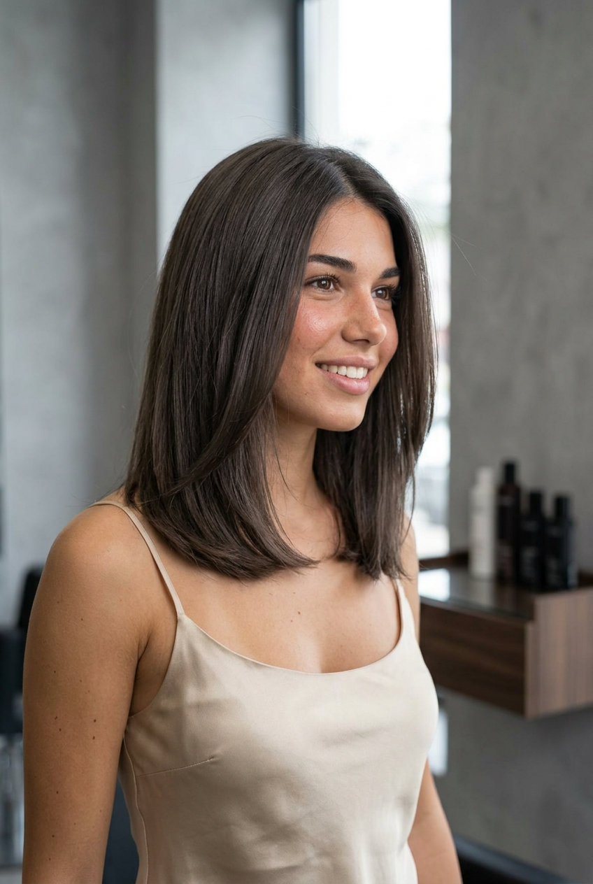 shoulder-length smocked cedar cool brunette with ash tones for summer