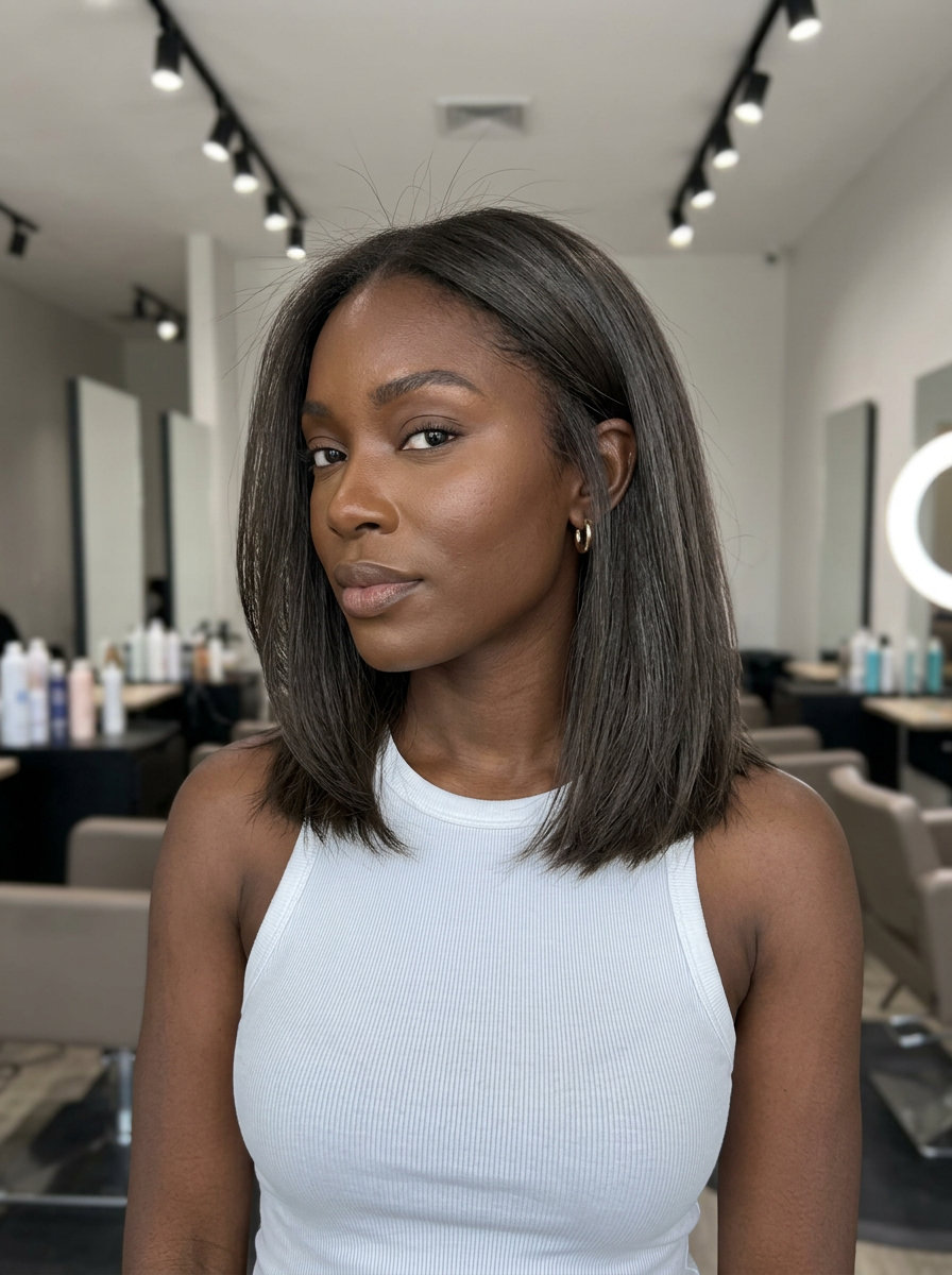 shoulder-length smocked cedar textured lob with ash undertones for summer