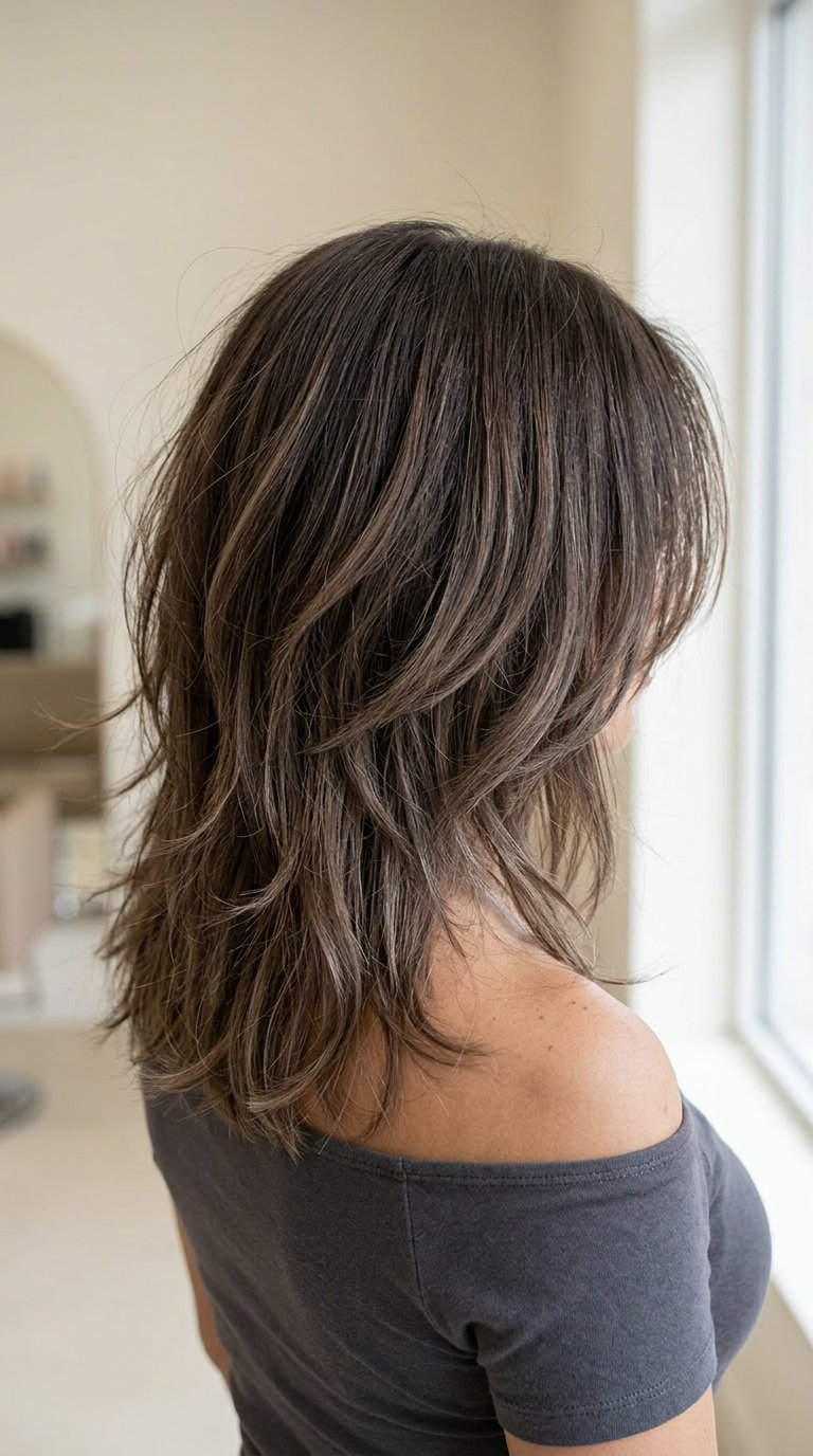 medium shag haircut with smoked cedar balayage, curtain bangs for summer 2026