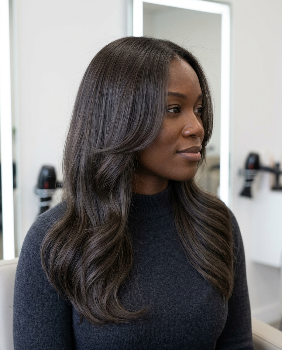 long smoky espresso mushroom brown hair with seamless layers and face-framing C-layers for date night