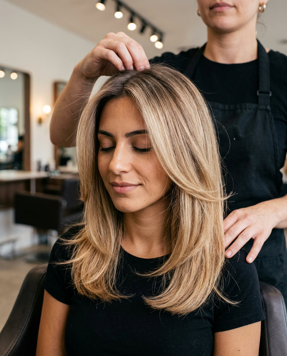 long smoky champagne honey root shadow with champagne blonde, root shadow, no fringe — modern minimalist sophistication