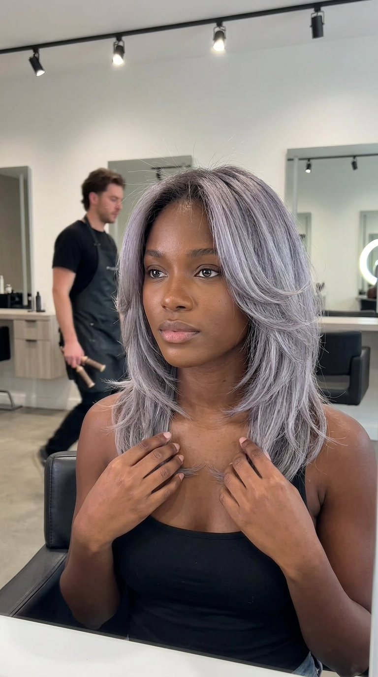 medium butterfly haircut with smoky silver and charcoal root smudge, feathered layers, wispy curtain bangs for edgy look