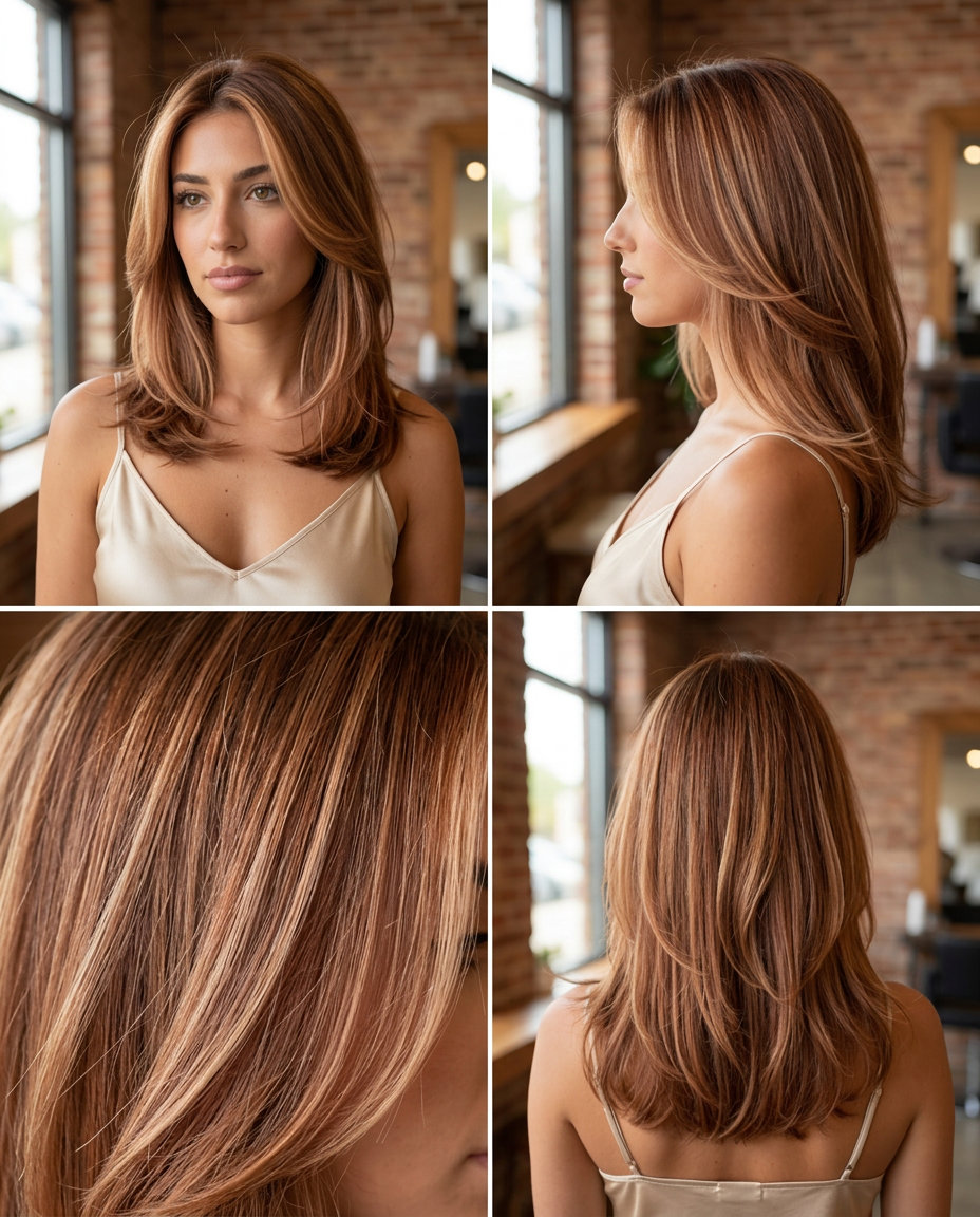 long layered soft auburn base with strawberry blonde babylights for summer