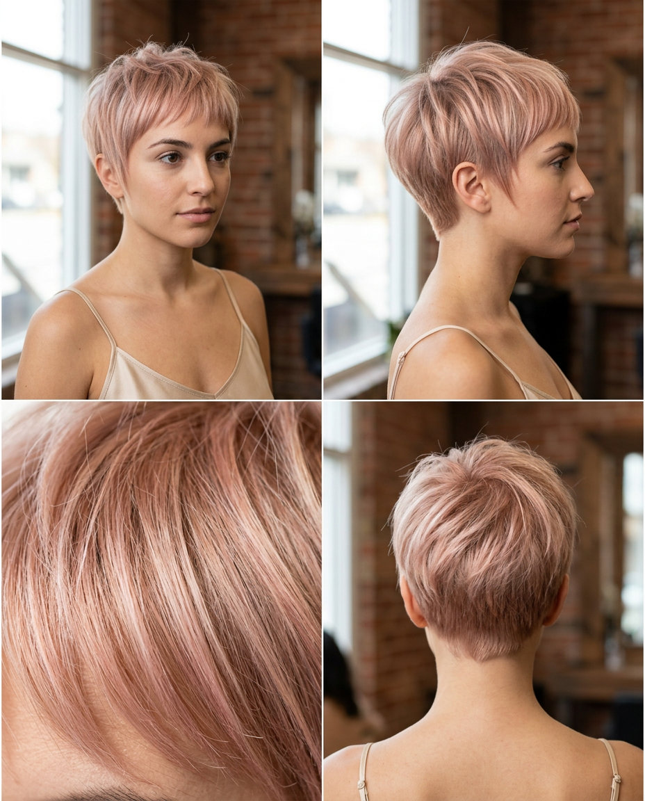 very short pixie haircut in soft blonde with rose gold babylights, textured cut with razored micro-fringe for date night