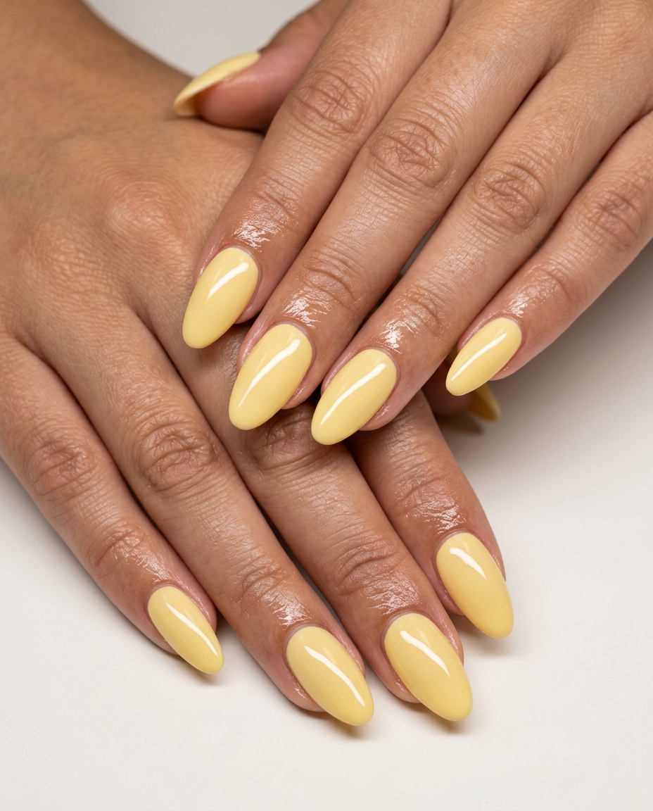 Solid Summer Nails 2026: Butter Yellow Elegance Chic butter yellow gel nails with a high-gloss finish, perfect for solid summer nails 2026 bridal events.