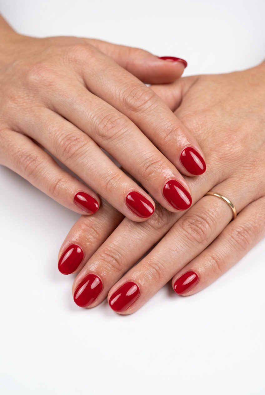 Classic Cherry Red Oval Nails 2026 Classic cherry red oval nails for work or date night. Solid summer nails 2026.