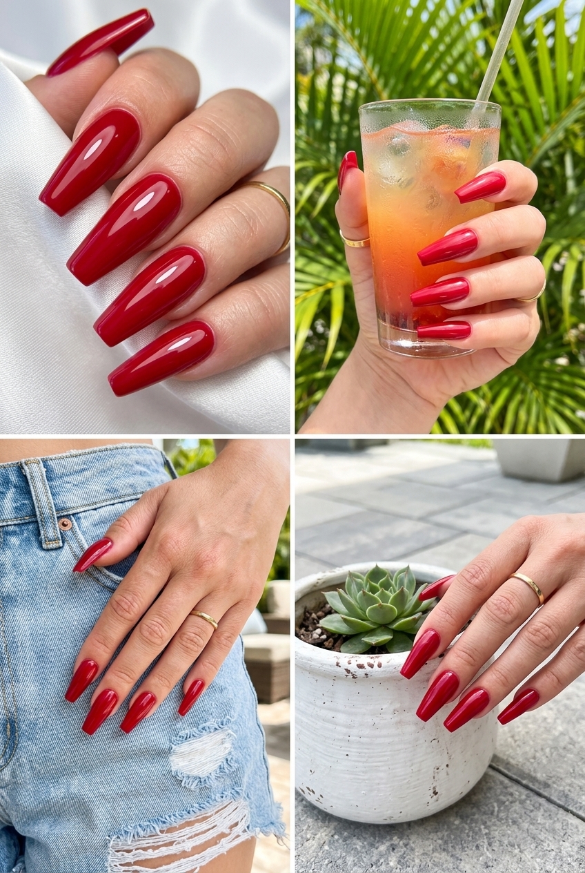 Solid Summer Nails 2026: Classic Red Coffin Classic cherry red coffin nails with a high-gloss finish. Ideal for formal events, weddings, or power meetings in 2026.