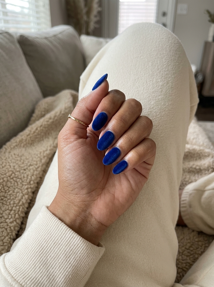 Solid Summer Nails 2026: Velvet Ocean Date Night Solid summer nails 2026: Sultry deep cobalt blue velvet matte finish on medium oval nails for date night.