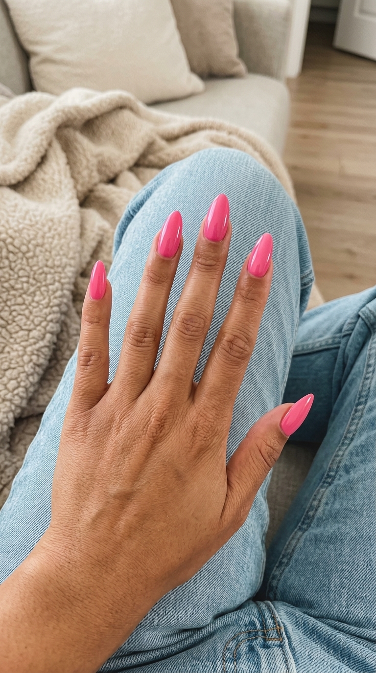 Solid Summer Nails 2026: Hot Pink Summer Almond Vibrant hot pink almond nails with a high-gloss finish for a glamorous summer party or bold fashion statement in 2026.