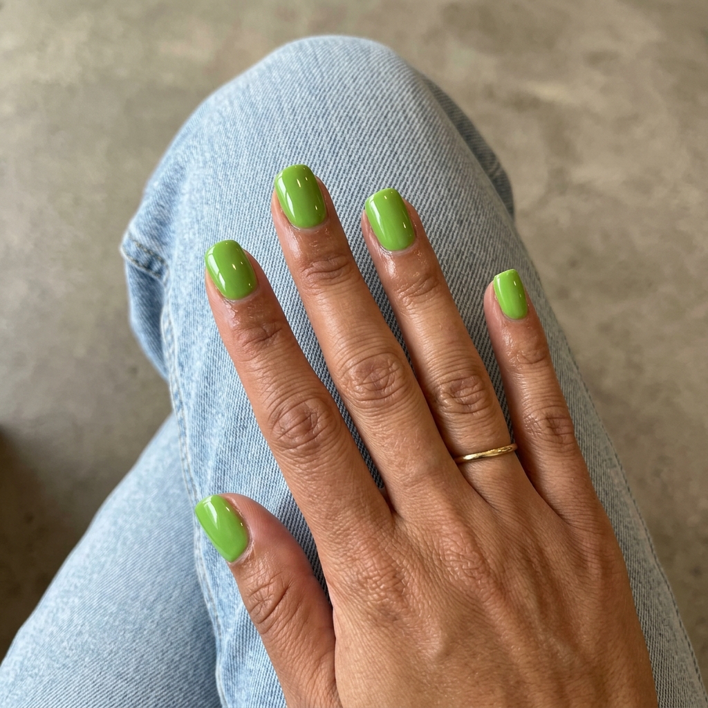 Lime Green Squoval Nails 2026: Vacation Vibes Energetic vibrant lime green short squoval nails with a high-gloss finish, perfect for vacations or music festivals in 2026.
