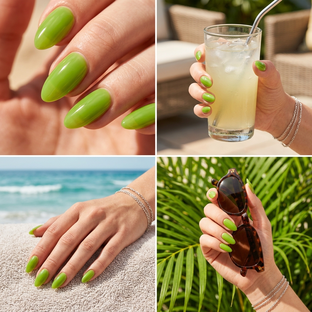 Solid Summer Nails 2026: Citrus Jelly Fun Vibrant lime green jelly nails in a medium almond shape for playful solid summer nails 2026 looks.