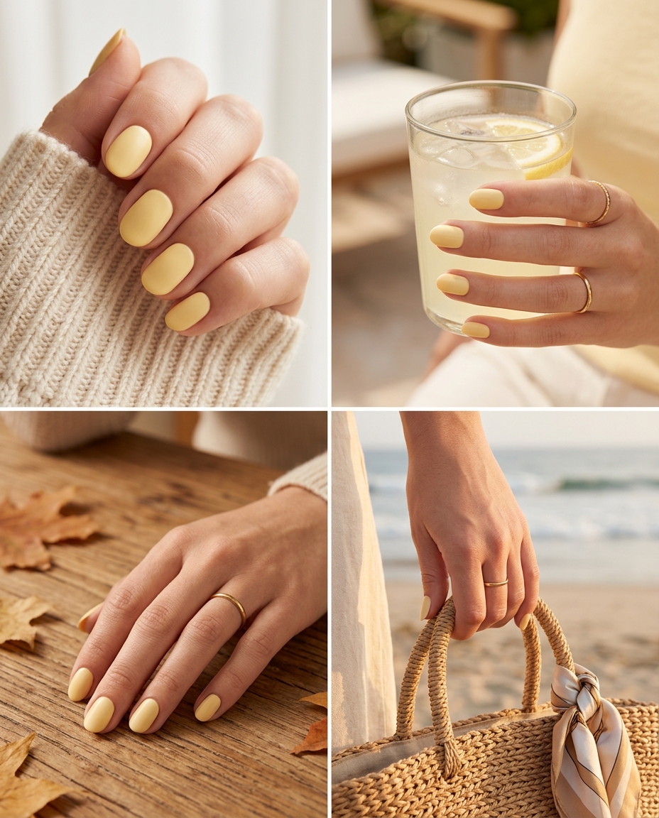 Solid Summer Nails 2026: Mellow Butter Matte Oval Soft butter yellow matte oval nails for a clean-girl, minimalist look. Perfect for daily wear, work, or casual weekends in 2026.