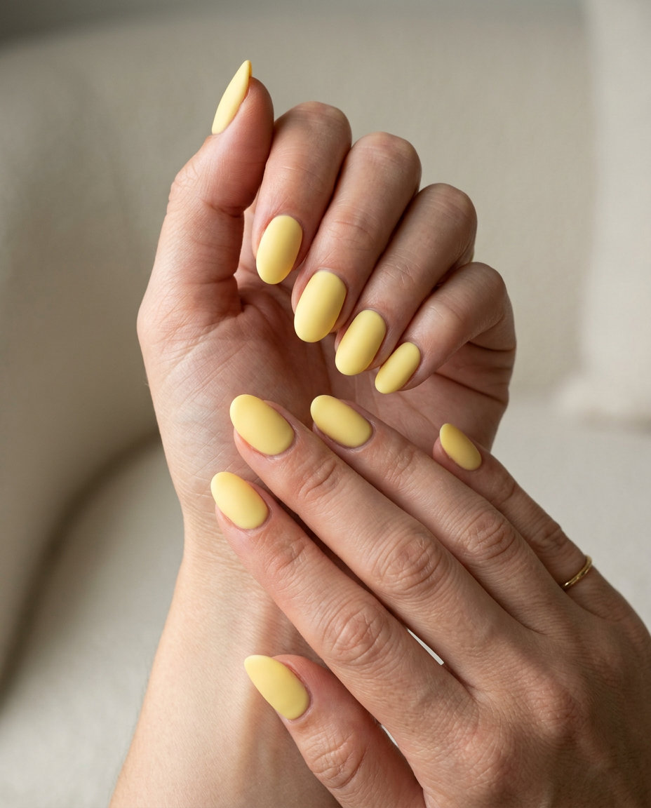 Solid Summer Nails 2026: Mellow Butter Yellow Matte Oval Soft butter yellow matte oval nails for a cheerful, minimalist bridal shower or casual weekend in 2026.