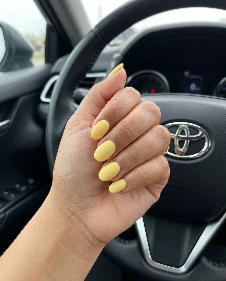 Mellow Butter Yellow Matte Nails 2026 Soft butter yellow matte nails for daily wear or work. Solid summer nails 2026.