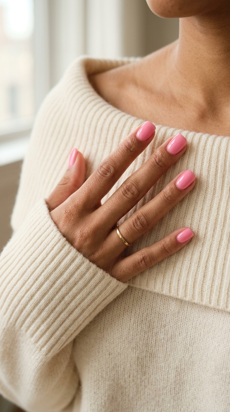 Milky Pink Summer Square Nails 2026 Playful milky hot pink square nails for casual weekends or work. Solid summer nails 2026.