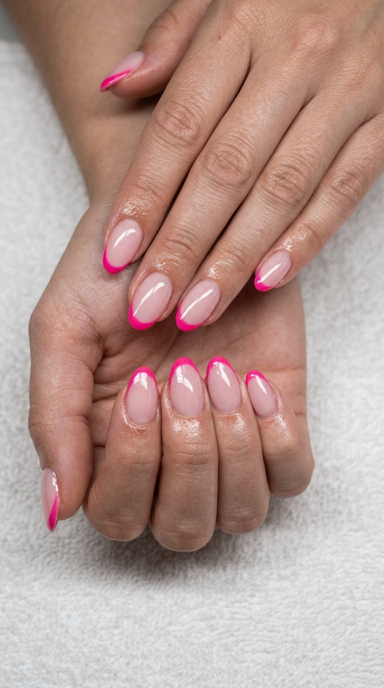 Solid Summer Nails 2026: Punk Pink French Vibrant hot pink French tips on a milky base for a playful, edgy party look in 2026. Bold and fun summer nails.