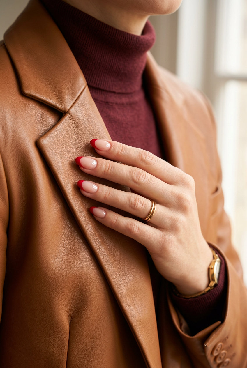 Solid Summer Nails 2026: Red Cherry French Classic Classic cherry red French tips on a glossy natural base. Sophisticated and timeless for formal events in 2026.