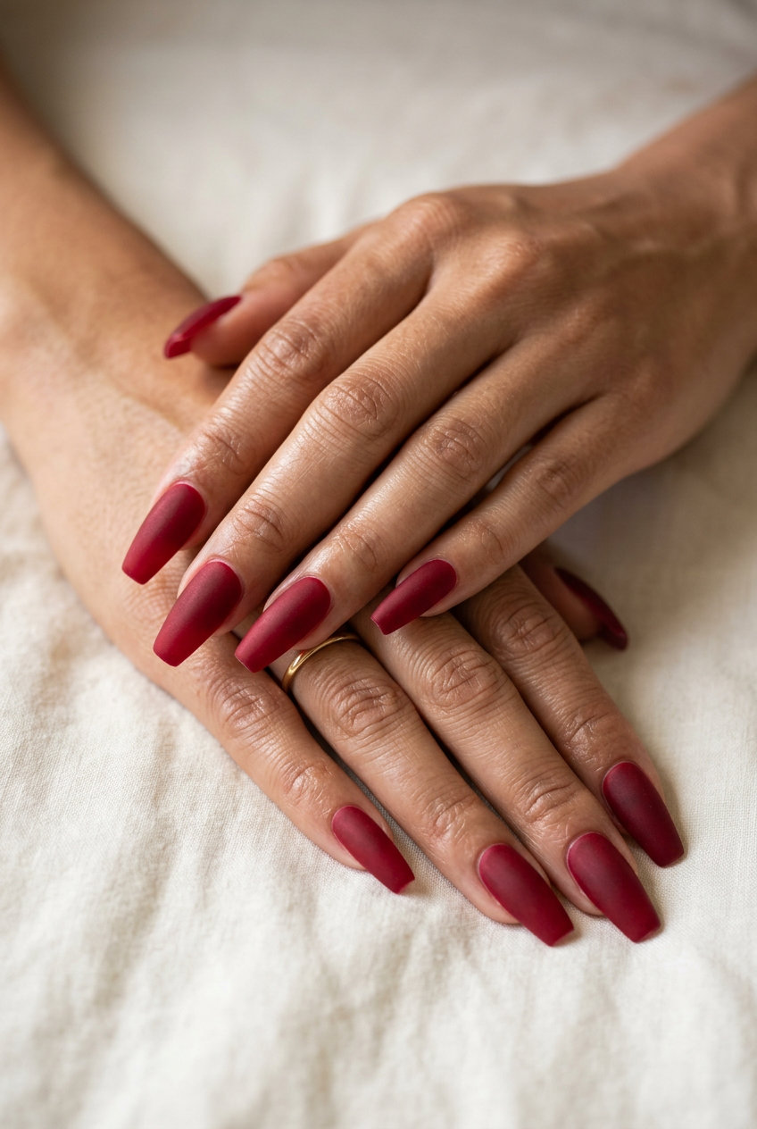 Velvet Cherry Red Coffin Nails 2026 Sophisticated velvet cherry red coffin nails for a formal event or date night. Solid summer nails 2026.