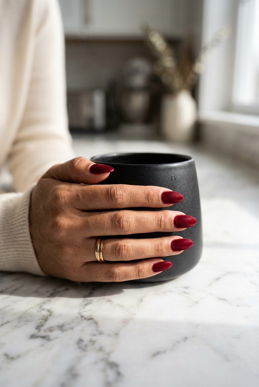 Solid Summer Nails 2026: Velvet Rouge Almond Deep cherry red velvet almond nails for a glamorous date night or special occasion in 2026. Sophisticated and alluring.
