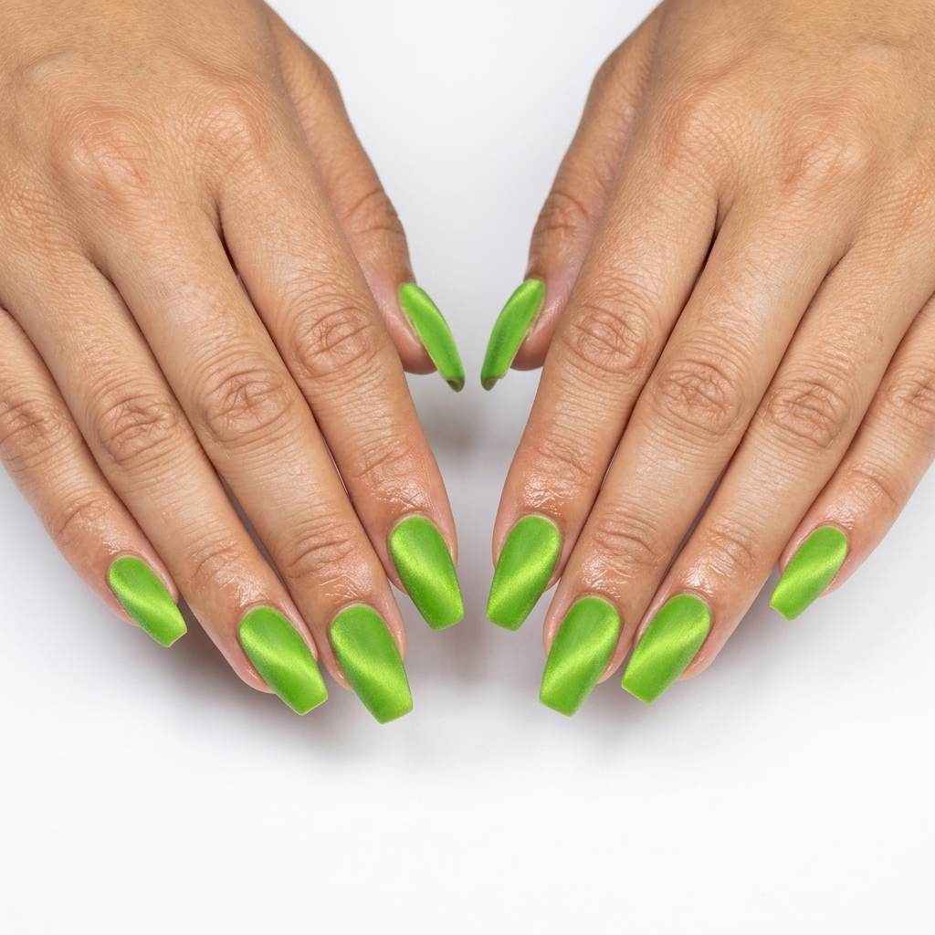 Velvet Zest Lime Green Coffin Nails 2026 Edgy lime green velvet coffin nails for parties or summer events. Solid summer nails 2026.
