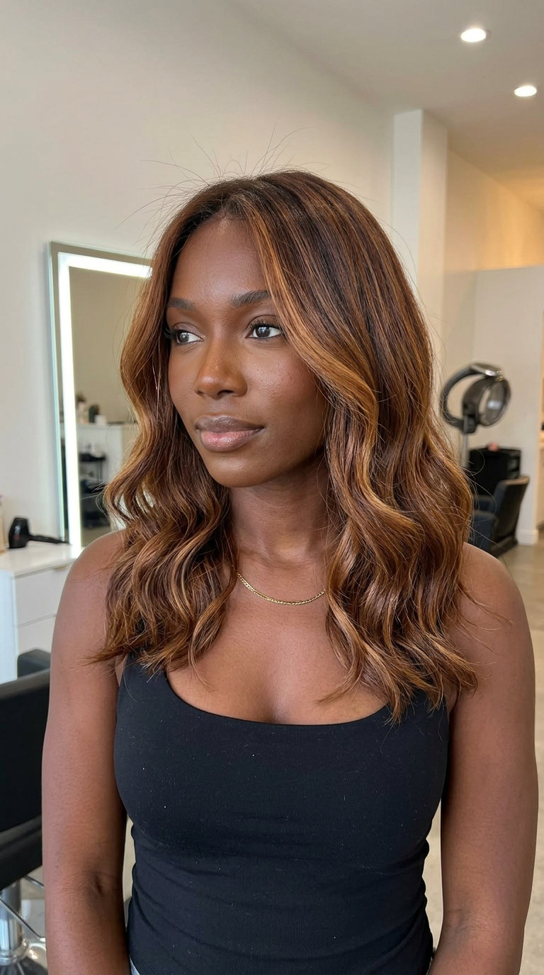 long spiced amber auburn balayage with honey gold, sun-reflective shine — radiant beach vacation