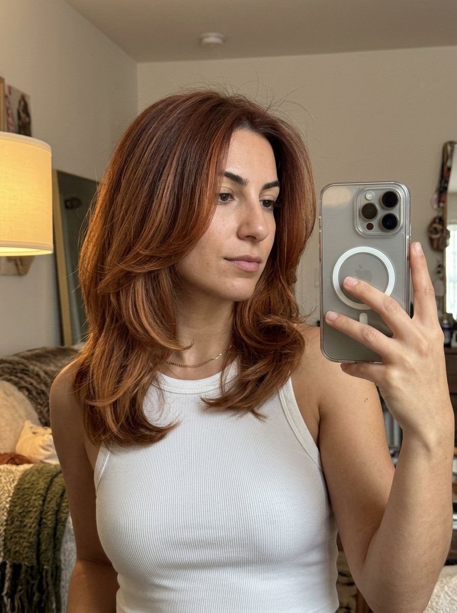 long spiced maple auburn color melt with copper tones, sun-kissed effect — warm weekend brunch